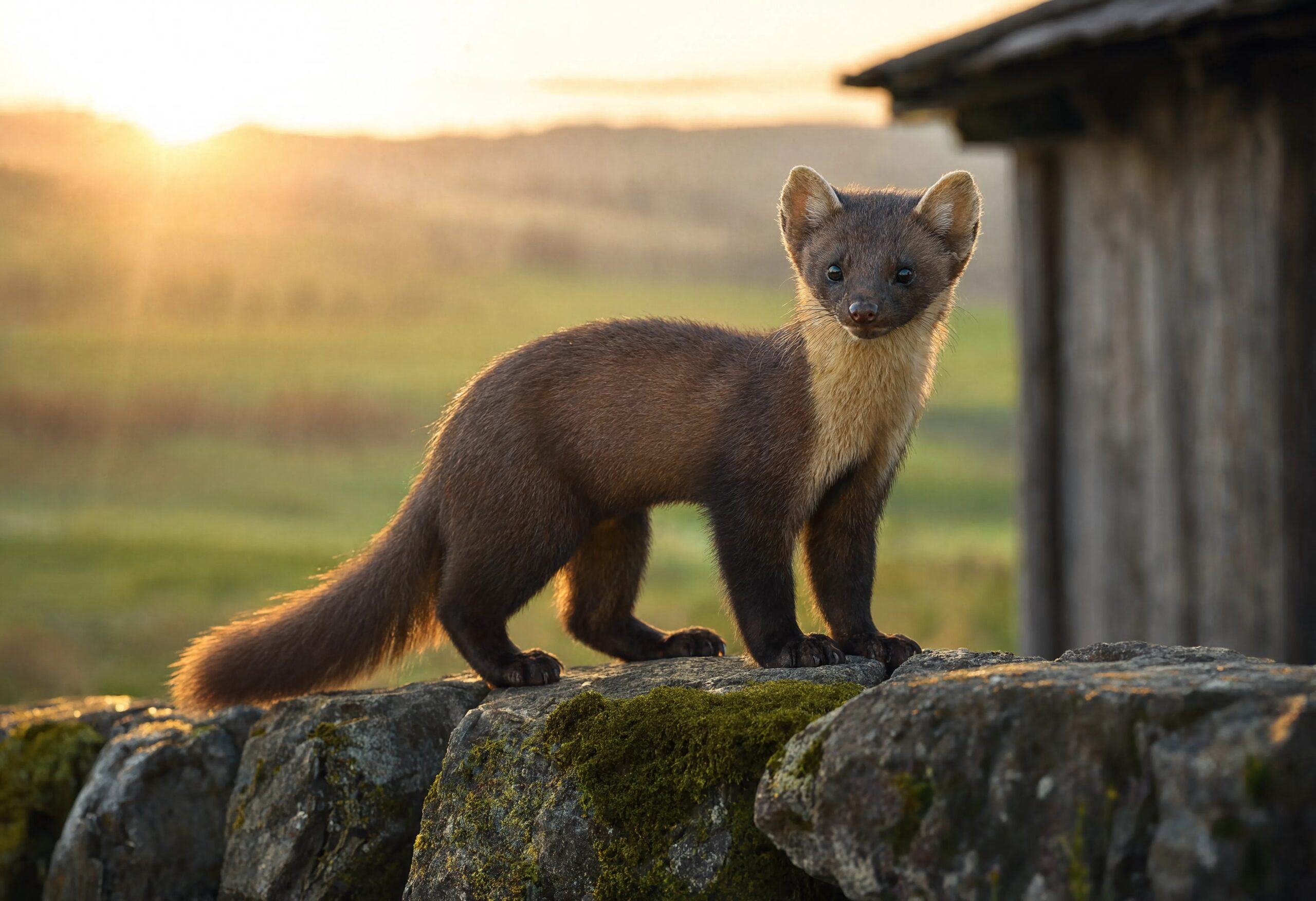 Fouine (Martes foina) montrant sa bavette blanche fourchue descendant sur les pattes antérieures et sa truffe rosée