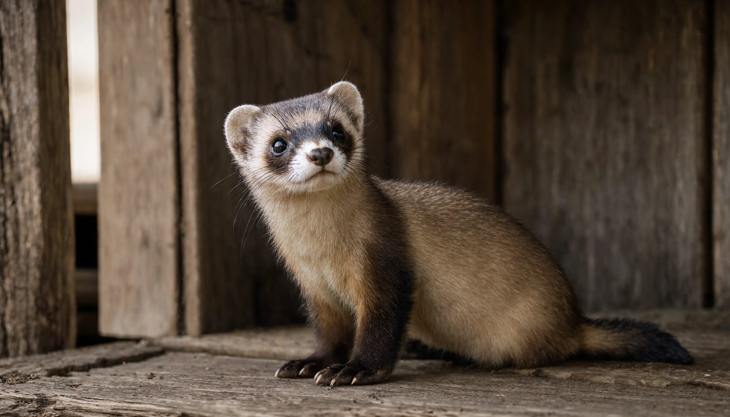 Furet (Mustela putorius furo), forme domestiquée du putois d'Europe, à la tête plus étroite que son ancêtre sauvage