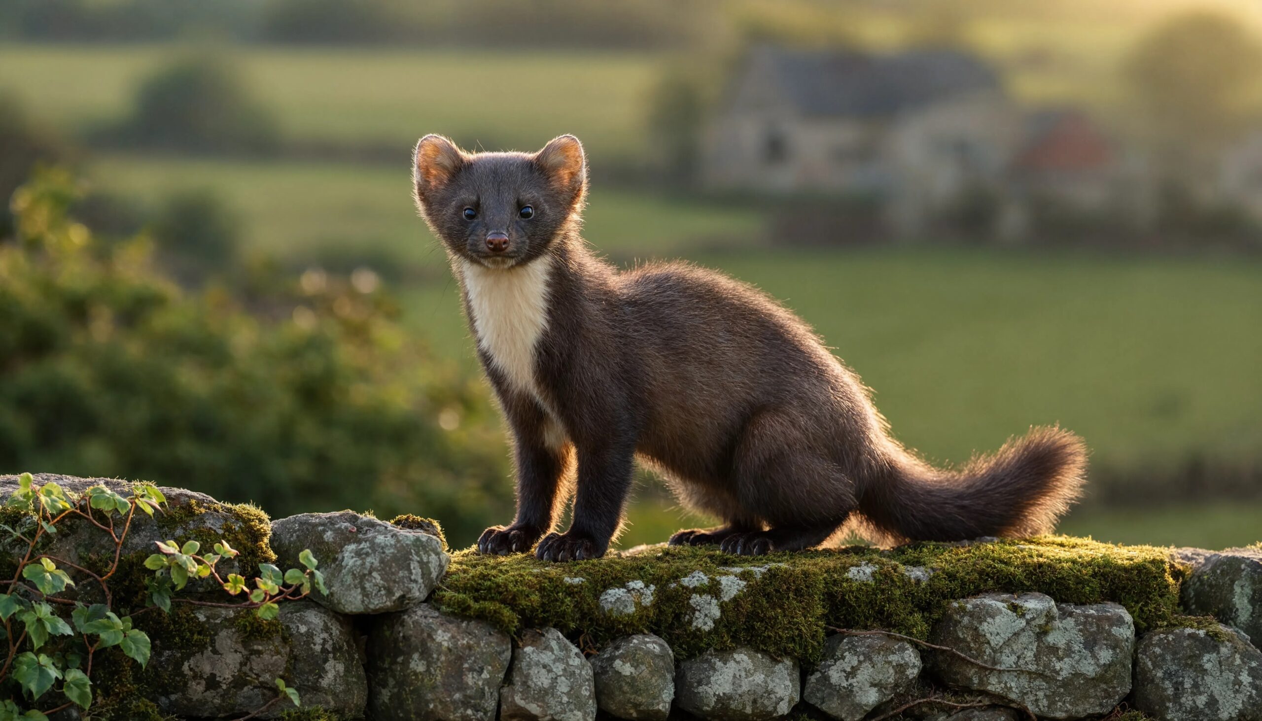 Fouine (Martes foina) sur un muret de pierre, bavette blanche fourchue visible — guide d'identification des mustélidés de France 2026